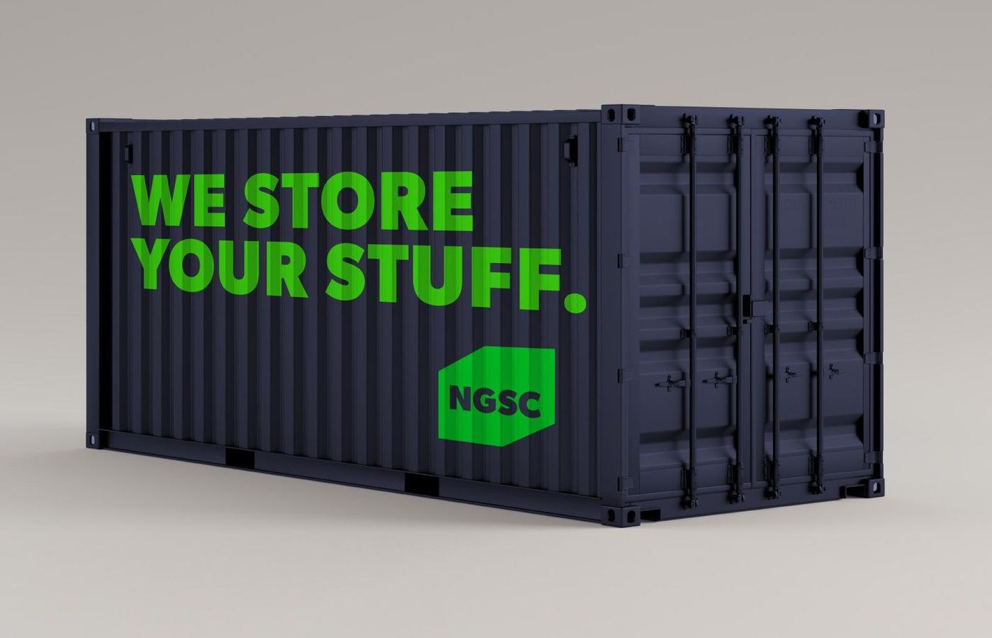 A dark navy NGSC container with the words We store your stuff